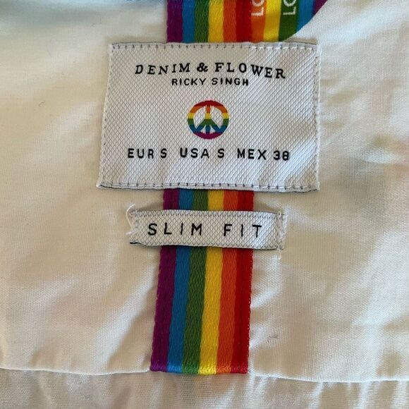 Mens Denim and Flower Rainbow Heart Button Up, Small. Slim fit. Pride! - Picture 13 of 14